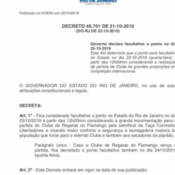 Decreto sobre ponto facultativo em dia jogo do Flamengo é falso