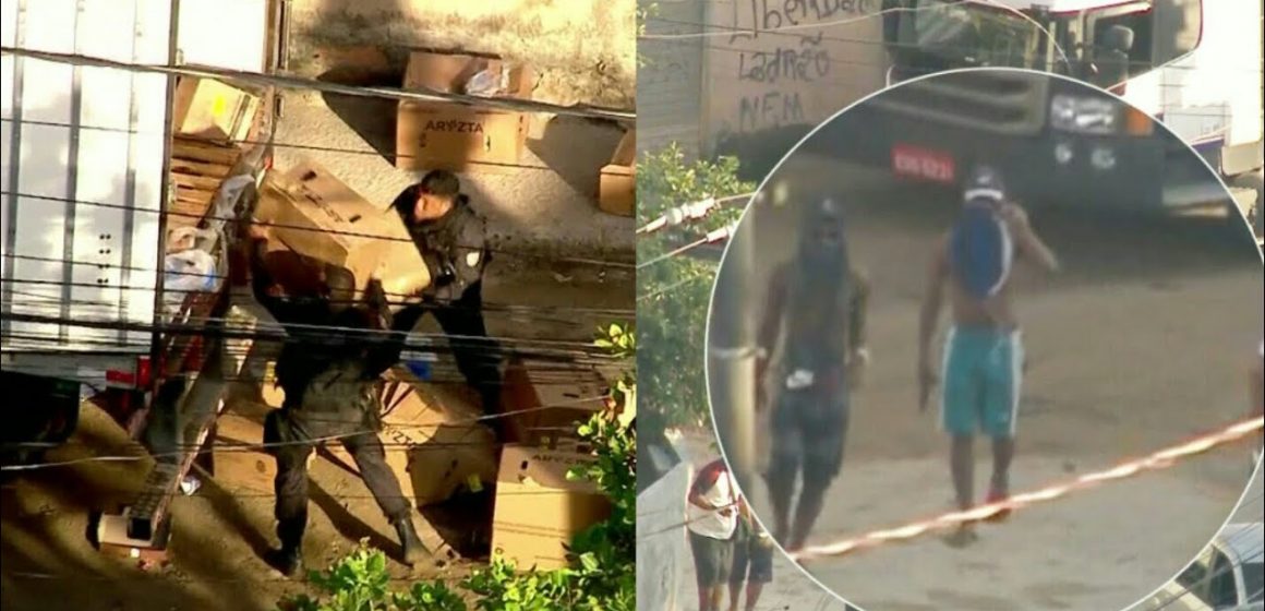 Imagens mostram roubo de carga e fuga de bandidos em comunidade na Baixada Fluminense
