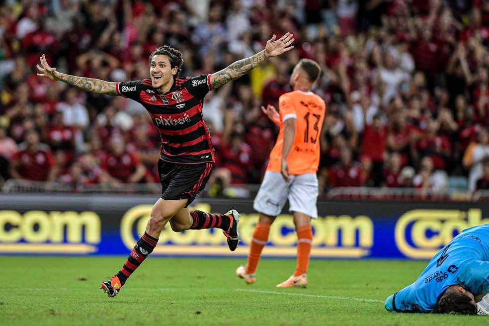 Pedro comemora o segundo gol do Flamengo sobre o Nova Iguaçu — Foto: Thiago Ribeiro/AGIF