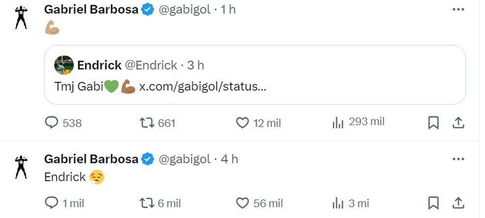 Gabigol e Endrick interagem após jogo da Seleção — Foto: Reprodução / Twitter